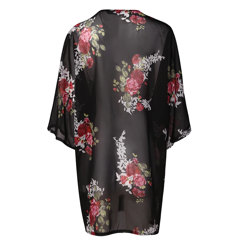 Women Boho Floral Loose Blouse Open Stitch Tops Shirt Floral Print Chiffon Cardigan Kimono Summer Beachwear Black Gray Blusas