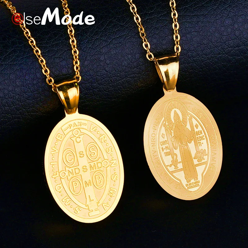 Ожерелье для мужчин и женщин ELSEMODE Gold Saint Benedict of Nursia ожерелье из нержавеющей стали