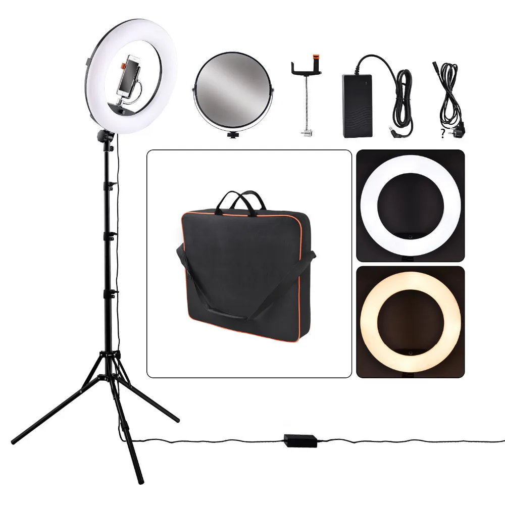 

fosoto FS-480II Camera Photo Studio Phone Video 18"55W 480 LED 3200-5500K Bi-color Dimmable Ring Light Lamp&Tripod Stand&Mirror
