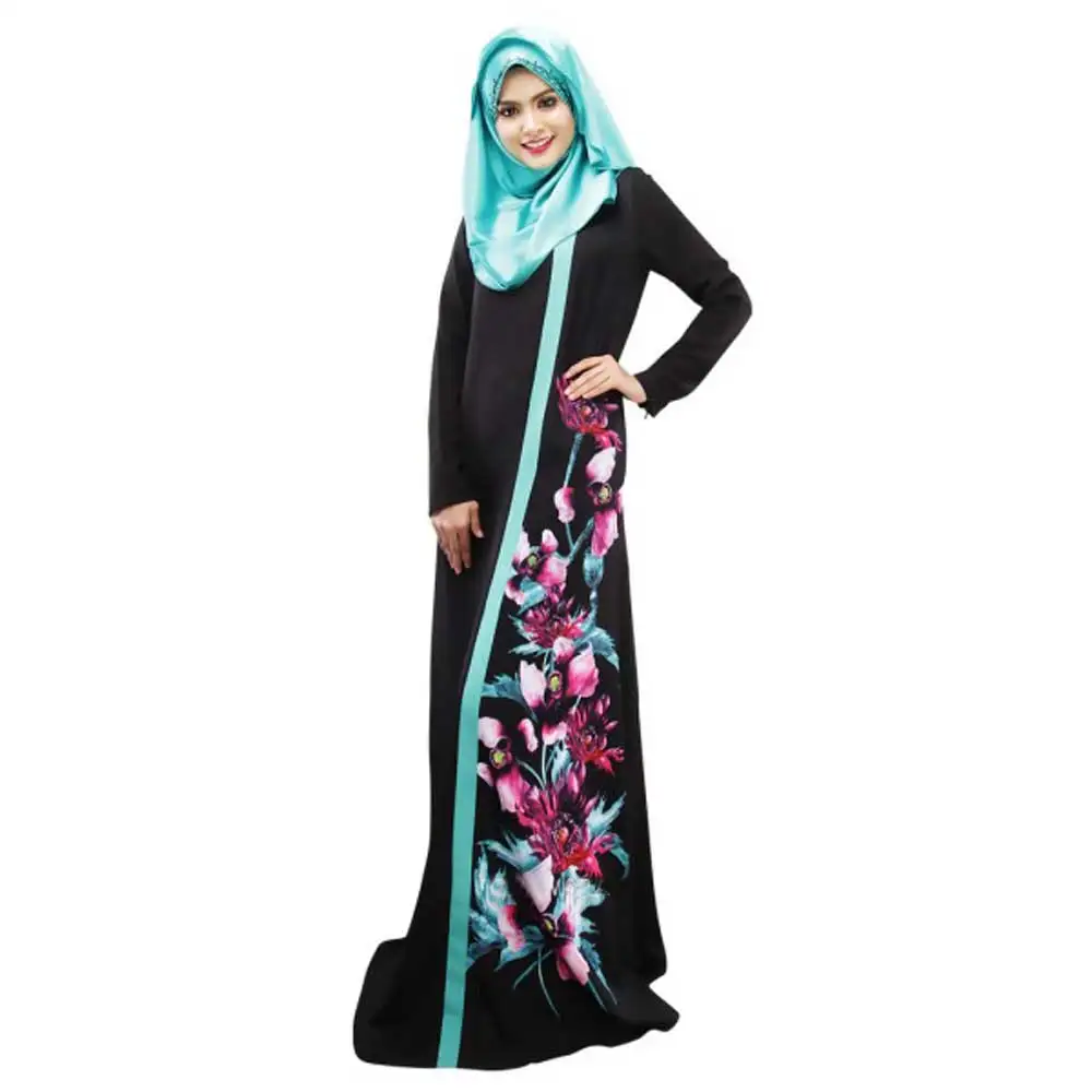 

2019 New Elegant Floral Printed Women Dress Muslim Abaya Fashion Kaftan Islamic Arabic UAE Dubai Thobe VKDR1440