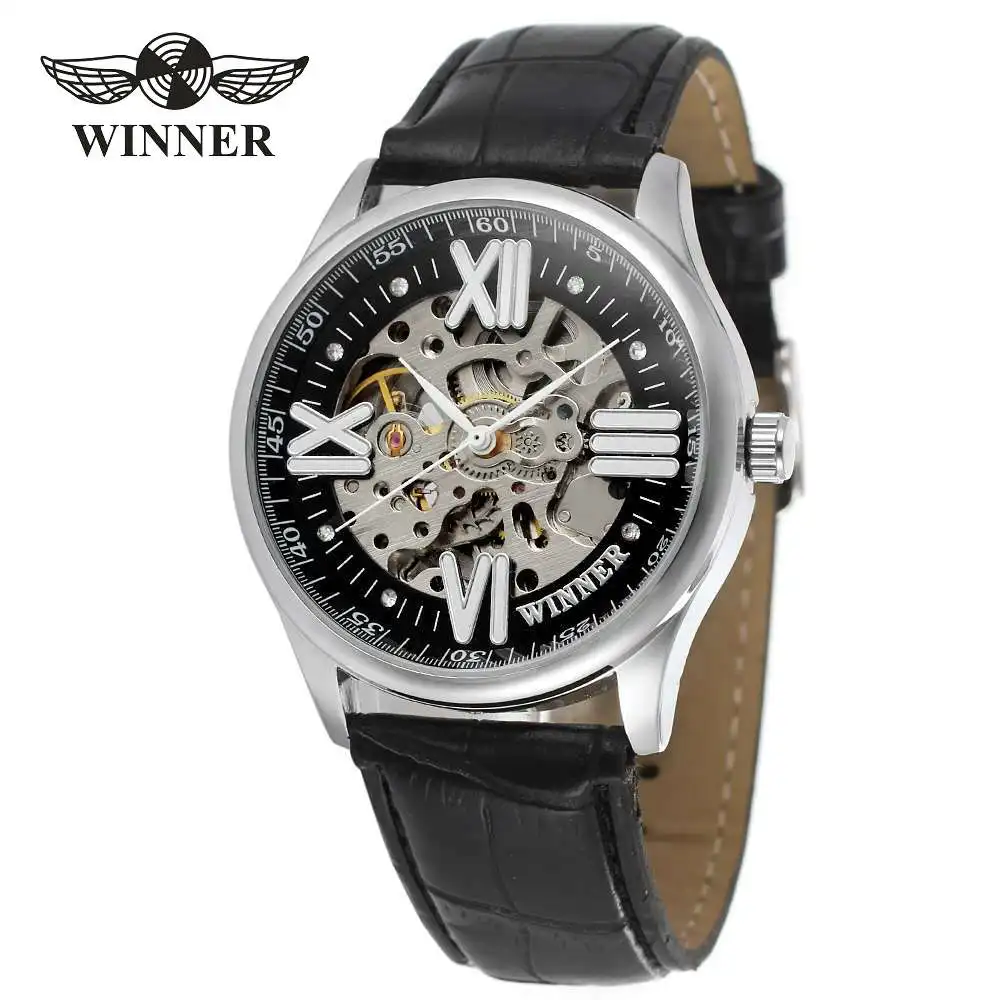 

WINNER Fashion Casual Men Auto Mechanical Watch Leather Strap Big Roman Number Skeleton Dial Crystal Top Brand Design Wristwatch