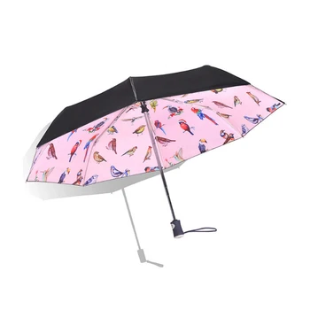 

Automatic Three Folding Umbrella For Women Black Coating Anti-UV Parasol Ladies Bird Printed Windproof Dual-use Pencil Umbrellas