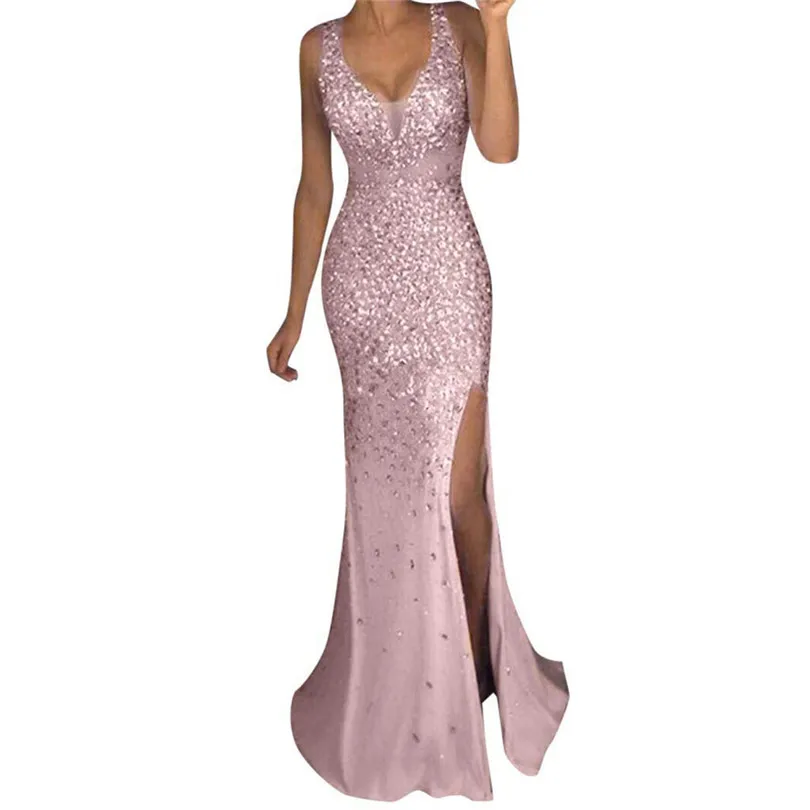 Seqiuned Dress Party Women V Neck Summer Dress Sleeveless Dress Long Party Solid Dresses Big Size Vestidos De Festa 40MAY1710