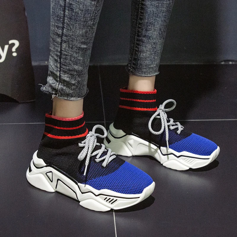 

Women Sneakers 2019 High Top Knitted Chunky Trainers Ladies Trendy Mixed Color Mesh Breathable Thick Soled Shoes White Black