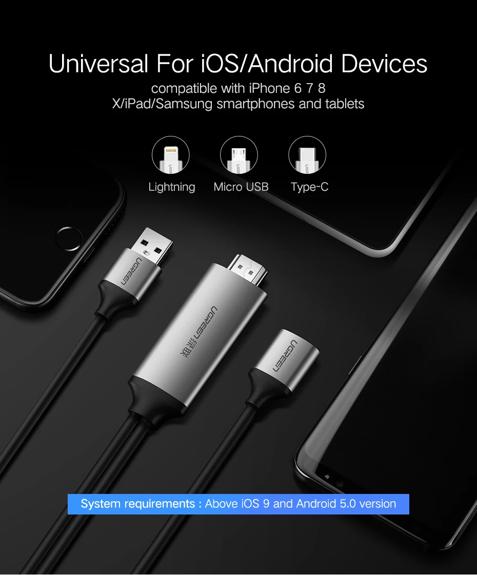 Ugreen HDMI кабель для iPhone 8X7 6s Plus iPad tv Android телефоны к HDMI адаптер Full HD 1080 P USB HDMI конвертер Кабель HDMI