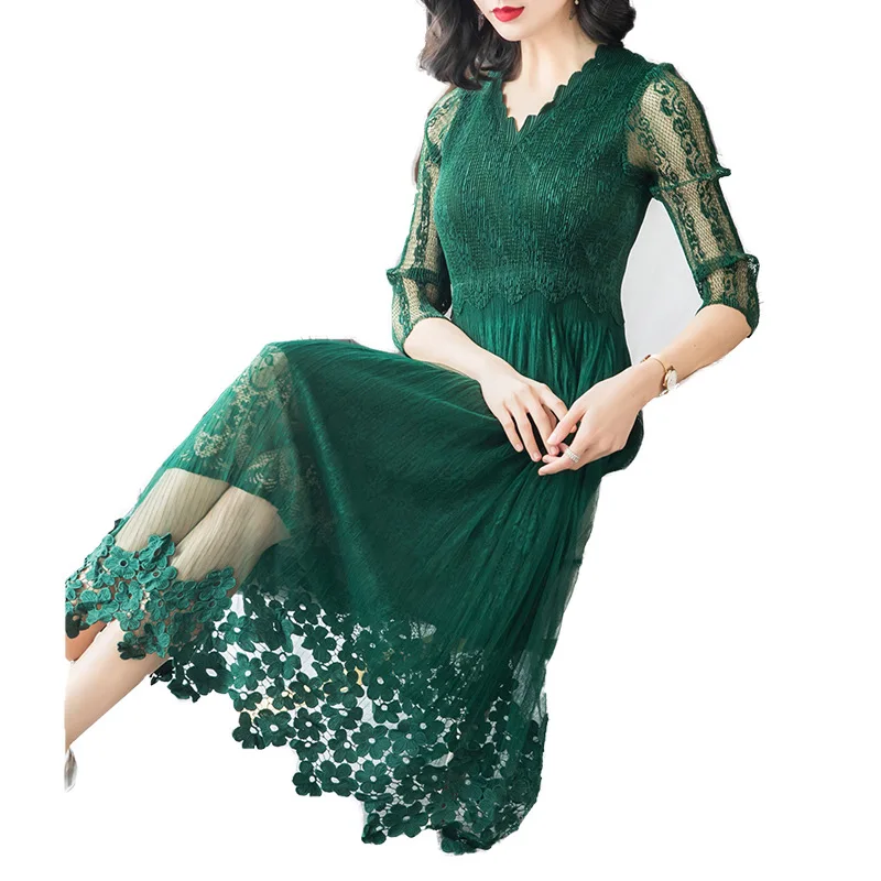 

Womens lace stitching Dress 2019 spring Slim A-line Pleated Dresses