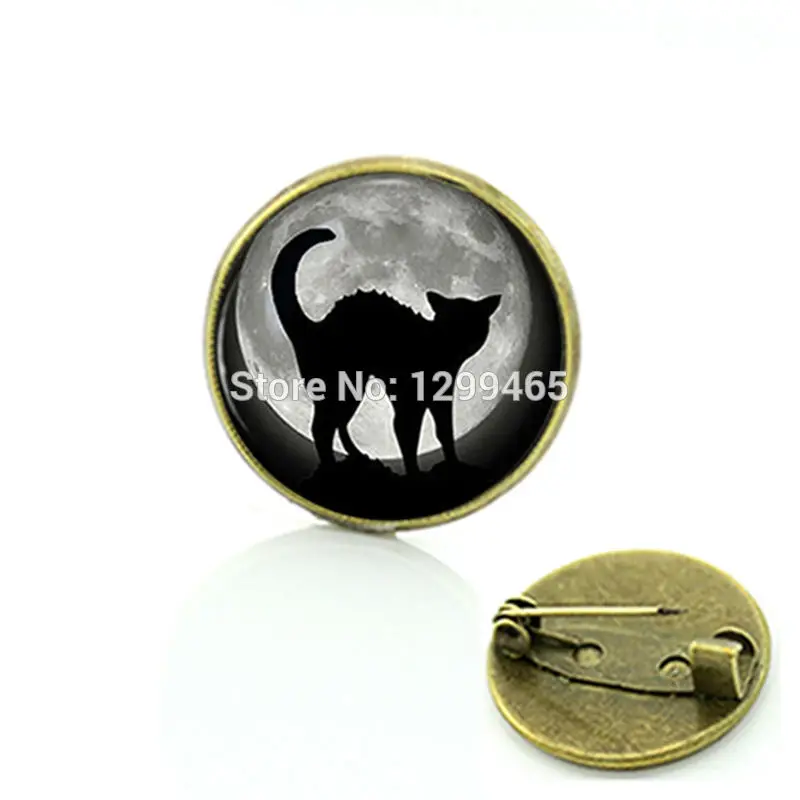 

hot Energy Healing jewelry Black Cat full moon glass cabochon metal brooches wholesale Butterfly women badge pins gifts C718