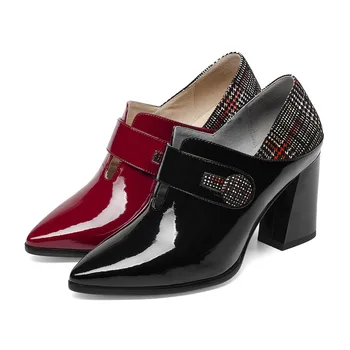 

2019 Simple and elegant brand-name deep mouth women's single shoes thick with leather color matching hollow high heels women