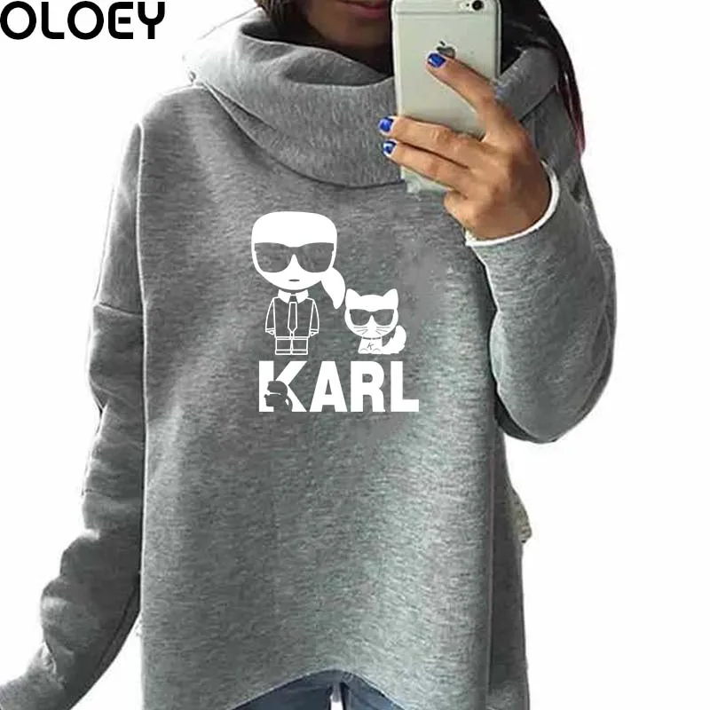 

2019 Fashion Funny Hoddies Scarf Collar Vintage Casual Cartoon Karl Lagerfeld Printed Clothes Sweatshirts Female Oversized Tops