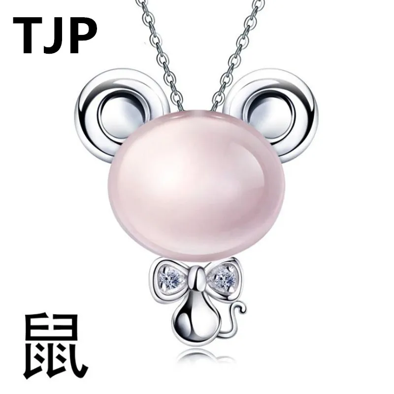 

TJP Popular Chinese Zodiac Pink Stone Pendants Necklace Jewelry Top Quality 925 Sterling Silver Necklace For Women Party Hot