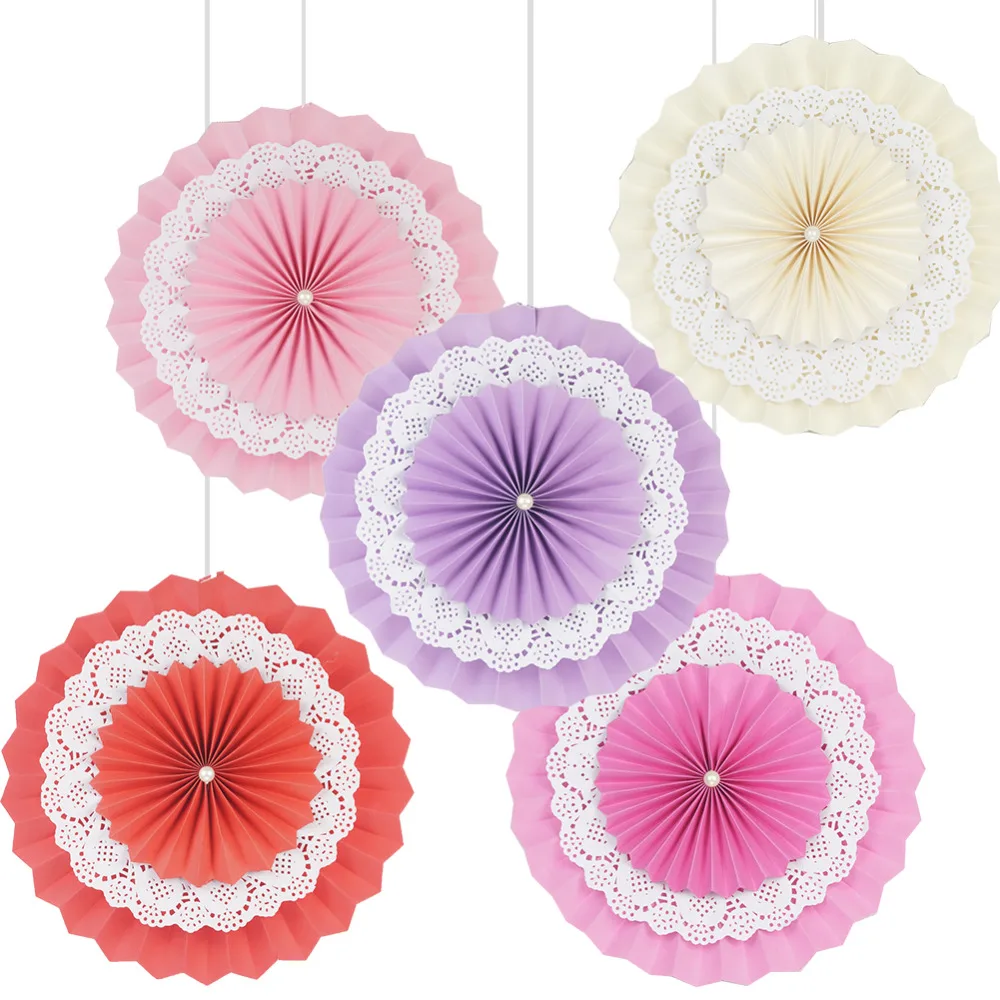 

(5Pcs /Lots)Double Layer Lace Fiesta Colorful Premium Paper Fans artificial flower hanging wedding party decoration