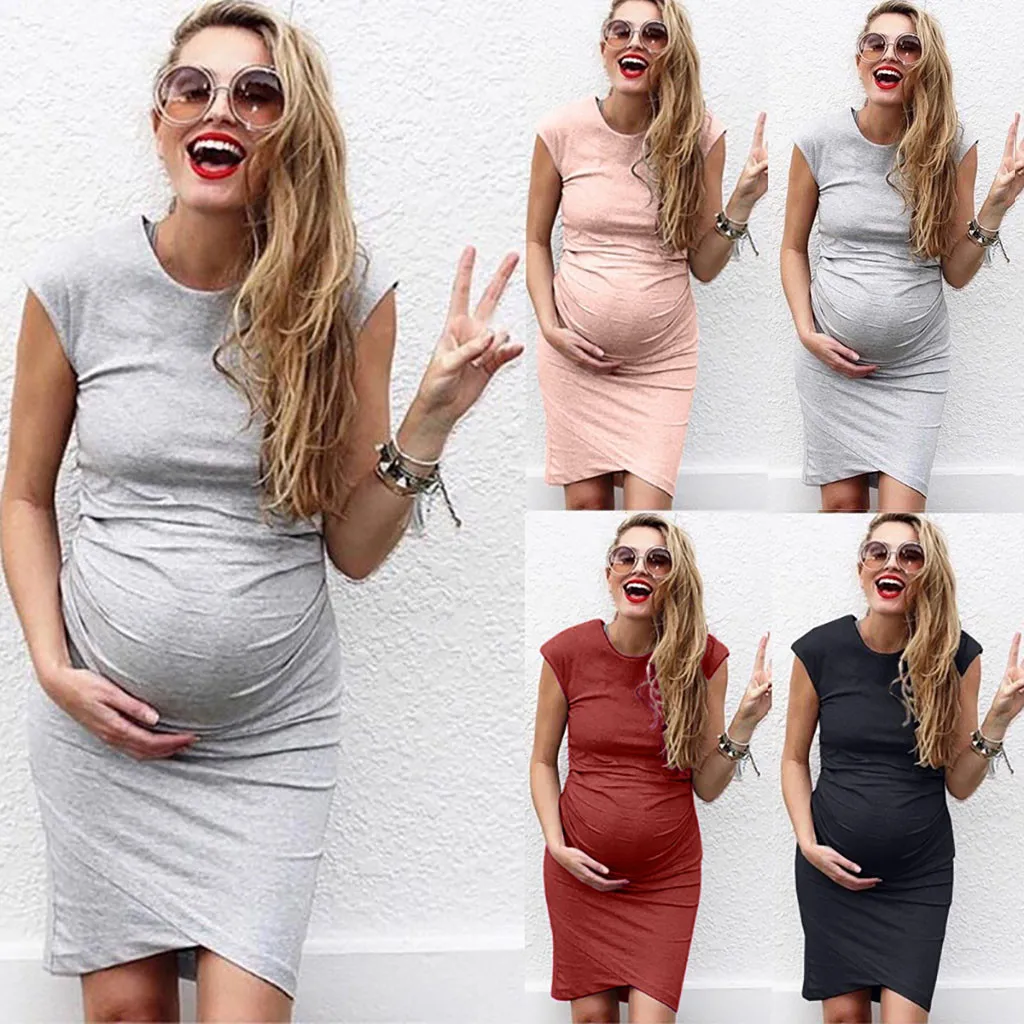 

Maternity Dresses Women Fashion Solid Color Sleeveless Maternity Comfortable Midi Dresse