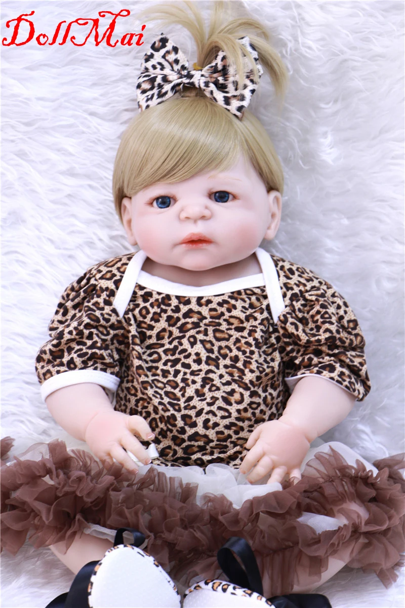 

DollMai 22" real bebe girl doll reborn full silicone body reborn dolls nice dress with shoes blue/brown eyes dolls for children