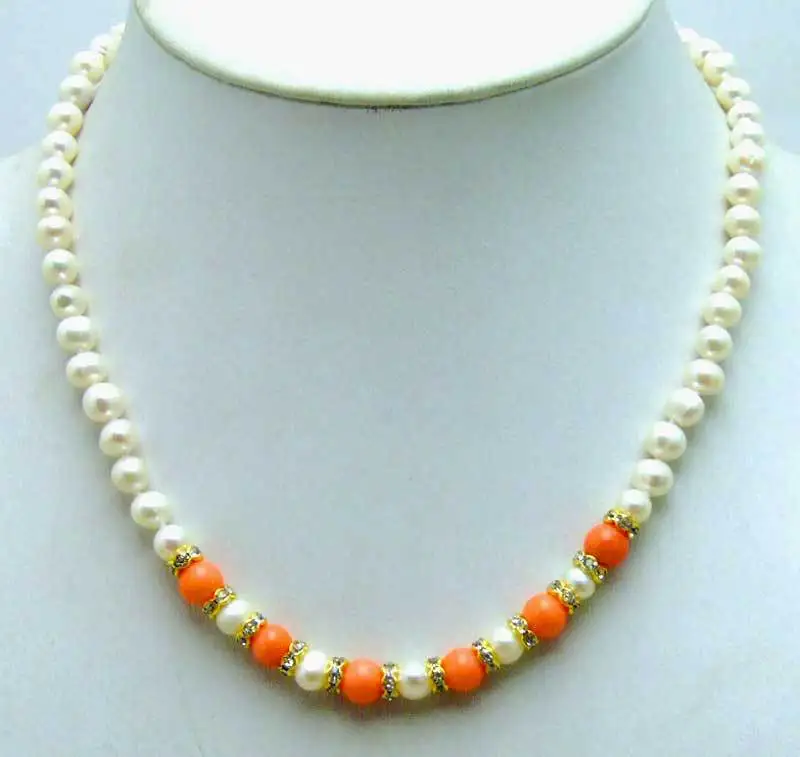 

SALE 6-7mm White natural freshwater Pearl with 6mm Round Pink Coral 17" Necklace-5837 wholesale/retail Free ship