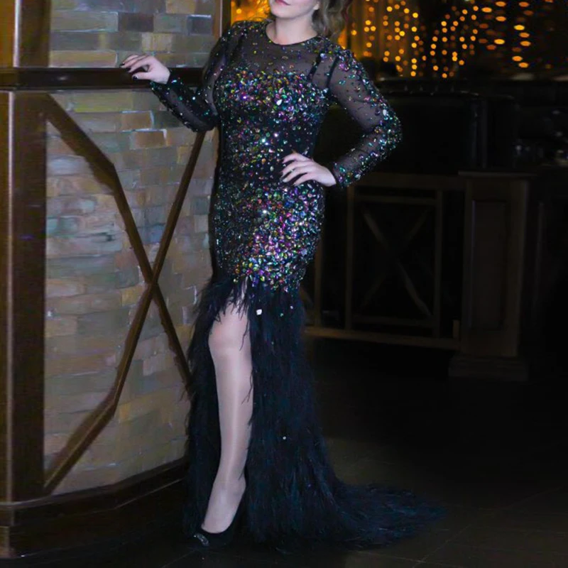 LORIE-Luxury-Prom-Dress-Bling-Evening-Dress-Crystals-Mermaid-Long-SLeeve-See-Through-Black-Beaded-Ostrich