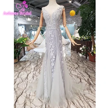 

Aolanes Grey Lace Black Girls Mermaid Prom Dresses New Design Long African Evening Gowns Elegant V-neck Prom Gown For Party