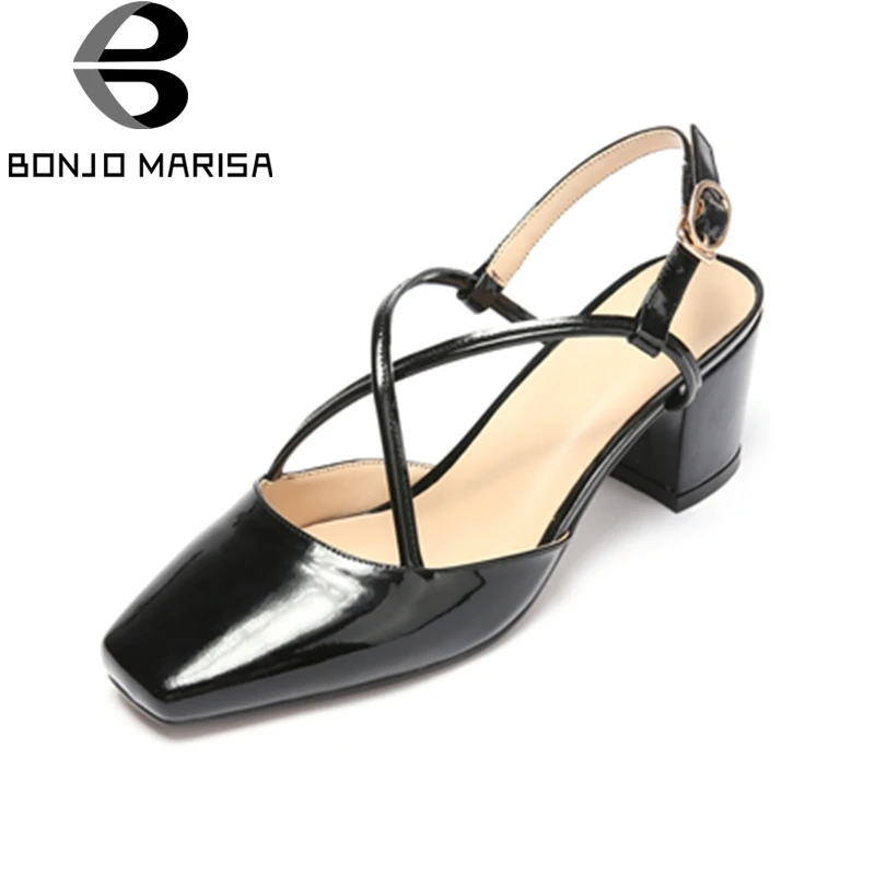 

BONJOMARISA Genuine Leather 2018 Large Size 33-40 Buckle Strap Cow Leather Square High Heels Women Pumps Woman Black Shoes Woman