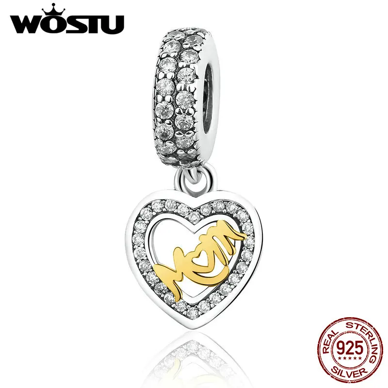 100 925 Sterling Silver MUM Dangle Heart Charm Beads Fit Original Pandora Bracelet Pendant Authentic Jewelry