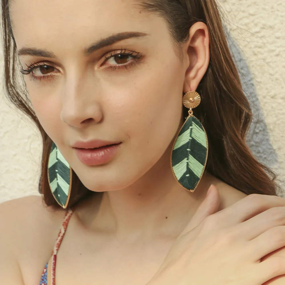 

women Bohemian earrings fashion ethnic style alloy hand-woven Drop Earrings leaves shape Pendant Jewelry Gift