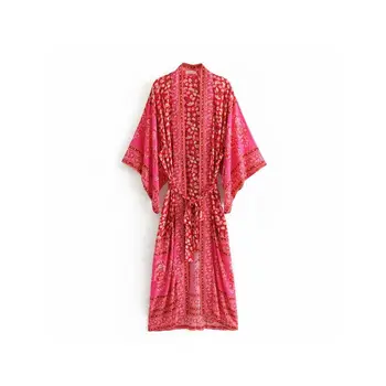 

Womens Spring Vacation Chiffon Kimono Cardigan Bohemian Retro Red Paisley Floral Printed Swimsuit Cover Up Loose Mid-Calf Maxi