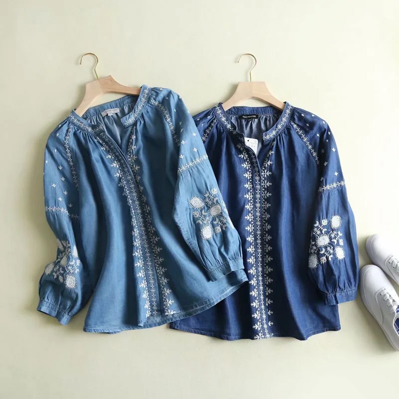 

CS291 New Retro Geometric Embroidery Long Sleeve Ethnic Shirts Women V Neck Casual Tencel Blouse Tops