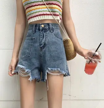 

Summer casual high waist loose straight shorts hole irregular jeans