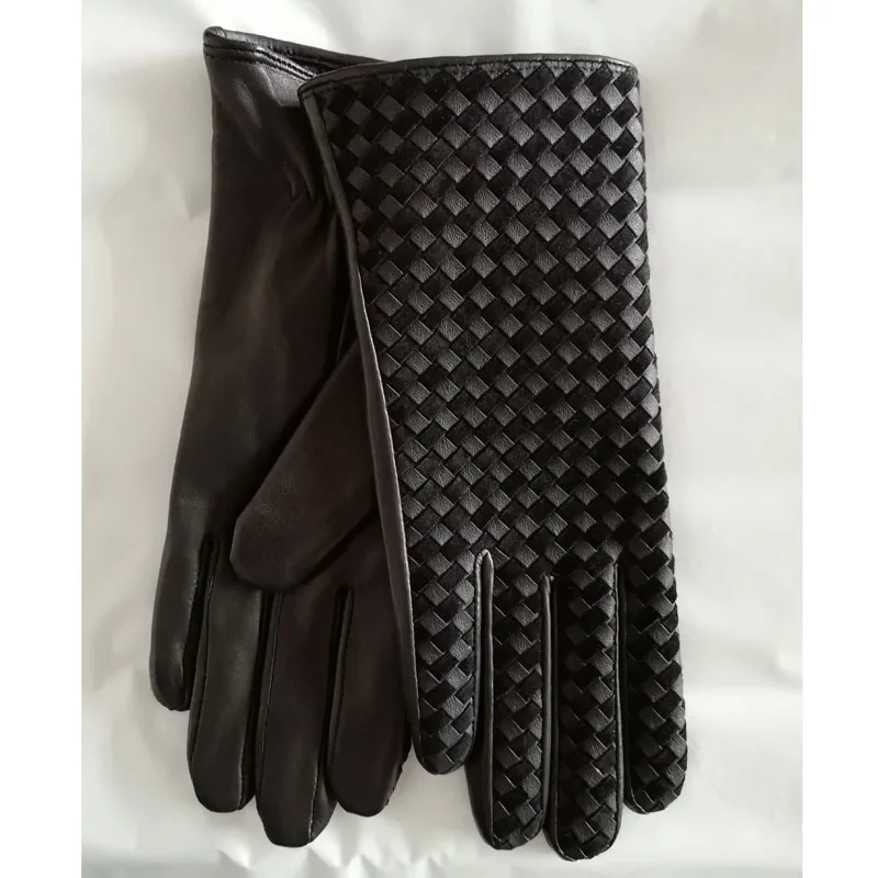 Women's Sheepskin Genuine Leather Gloves Elegant Hand Woven Autumn Winter Warm Plush Fashion Driving Gloves Female XC-206