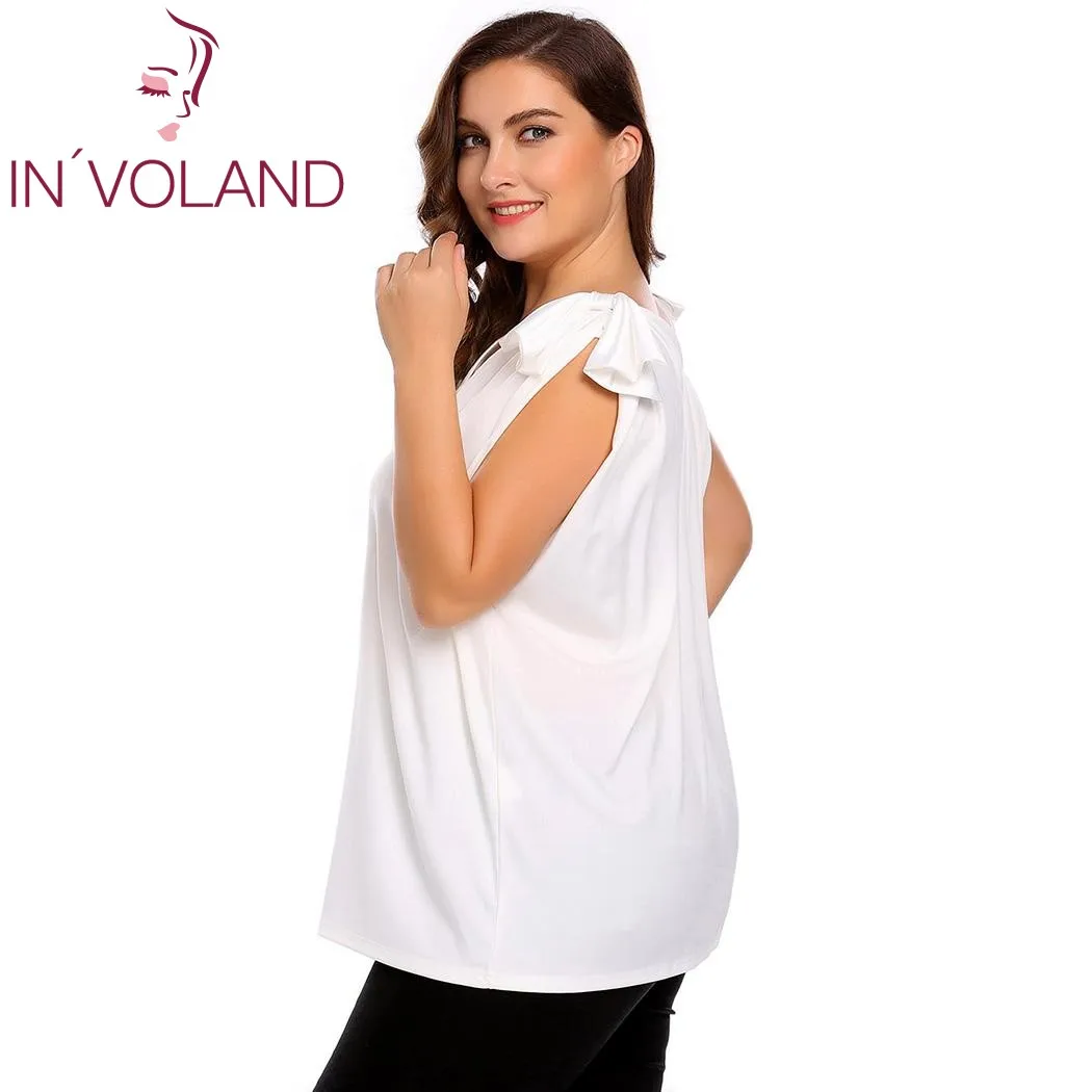 IN'VOLAND, большие размеры, L-4XL, женские майки, модные майки с v-образным вырезом, без рукавов, одноцветные, с галстуком-бабочкой, женские большие футболки, футболки размера плюс