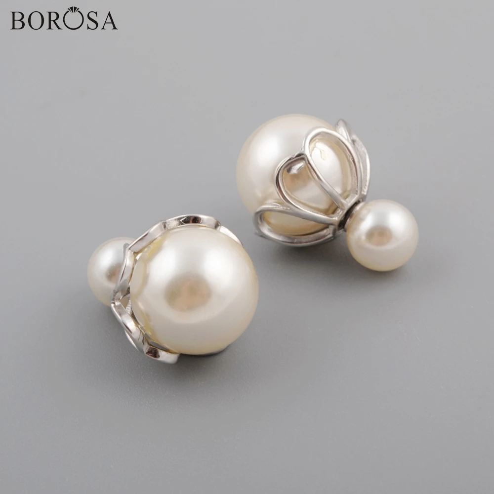 

BOROSA Design 5/10Pairs 92.5% Pure Silver Double Pearl Stud Earrings Fashion 15x15mm Round Pearl Earrings Jewelry WX1157