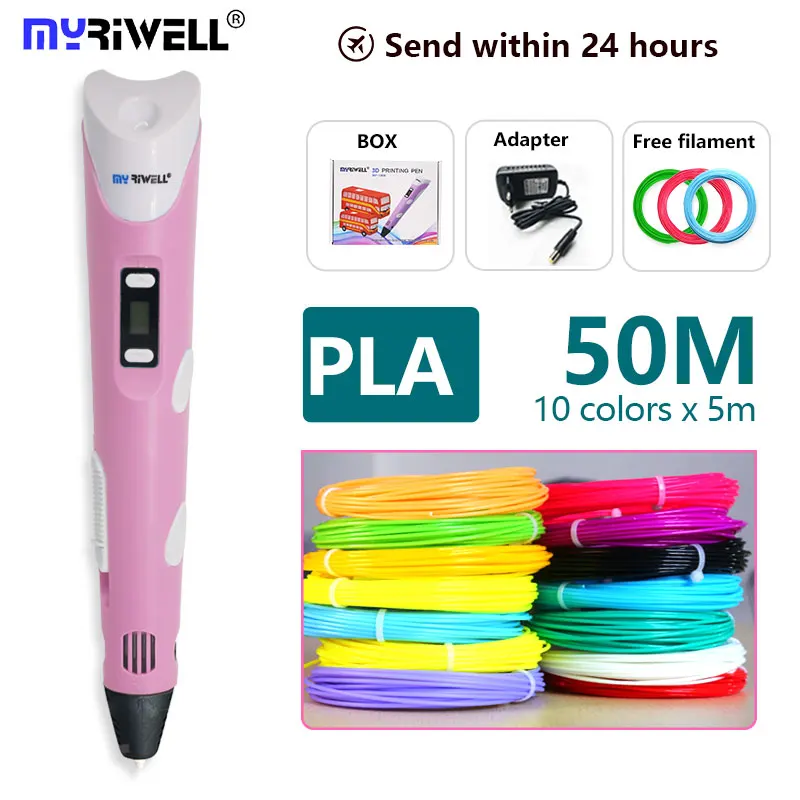 pink PLA 10color Myriwell 3d Ручка+ 1,75 мм PLA нить 3d Ручка для печати с светодиодный/ЖК-экран 3 D ручка подарок для детей Лучший подарок на день рождения - Цвет: pink PLA 10color