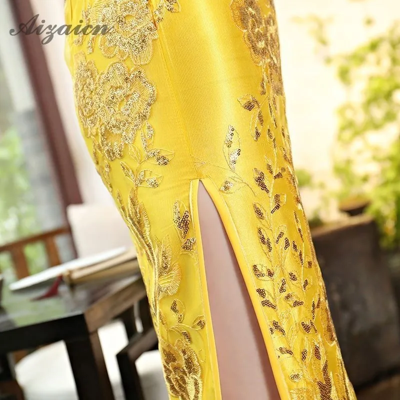 Qipao lentejuelas vestido Cheongsam del amarillo Qi Pao estilo восточные vestidos tnunica Chinoise bordado tradicional vestido