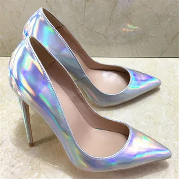 

Single Ladies Shoes Mirror Patent Leather Women Pumps Sexy Pointy Sapato Feminino Thin High Heels Silver Party Wedding Shoes