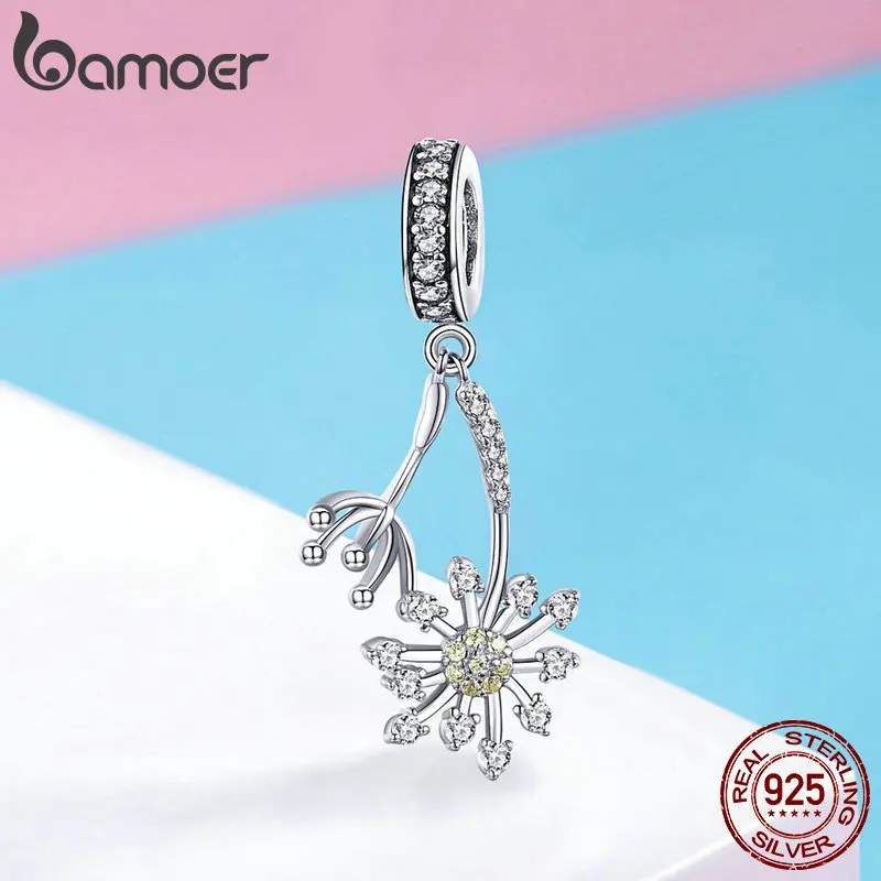 BAMOER Genuine 925 Sterling Silver Luminous Dandelion Flower Charms Pendant fit Women Bracelets Necklaces DIY Jewelry BSC052