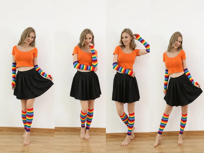 Fashion Women's Sunscreen Rainbow Socks Gloves Thigh Striped Slim Leg colour