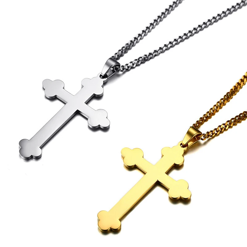 Gold-Color Big Long Flower Cross Pendant Statement Necklace Men Jewelry Religion Jesus Stainless Steel Necklaces &amp Pendants | Украшения