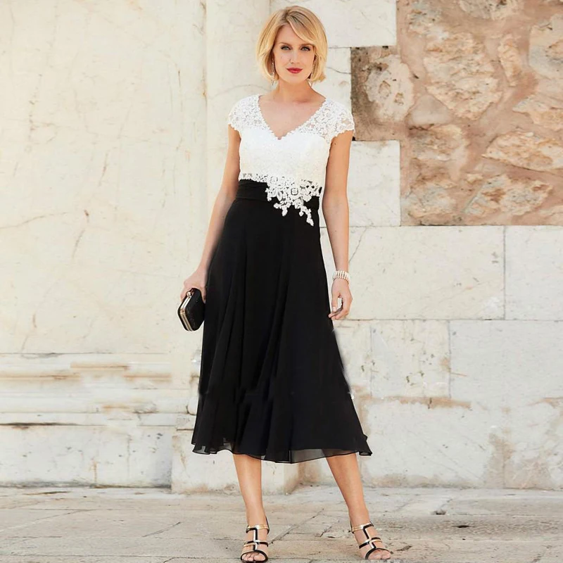 Decote em v Vestidos da Mãe Vestido de Noiva Elegante Mangas Boné Appliqued Chiffon Tea-length Mãe Vestido Formal 2 Vestidos para Convidados Especiais