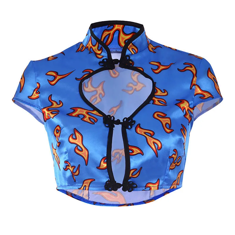 

High Collar Women Slim Fit Hollowed Cropped Top With Button Knot Polyester Full Printed Vest
