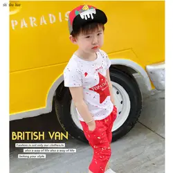 Детская одежда Лето 2017 г. для мальчиков Комплекты с короткими рукавами ребенок пятиконечная звезда шаблон печати натуральный хлопок