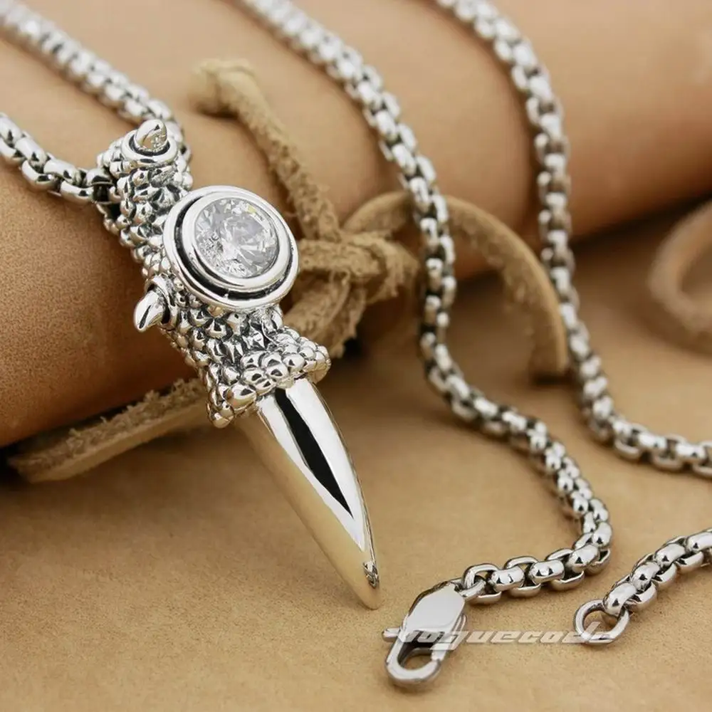 

925 Sterling Silver Huge Dragon Claw White CZ Mens Biker Pendant 8X014(Necklace 24inch)