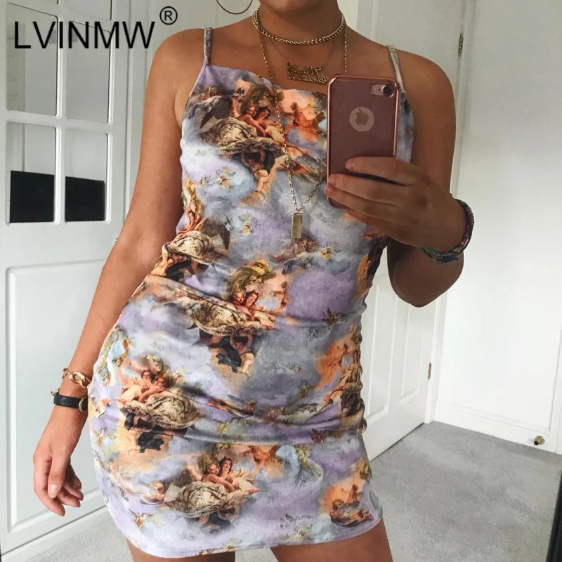 

LVINMW New 2019 Spring Summer Women Multicolor Cupid Printed Spaghetti Strap Slash Neck Mini Elastic Dress Party Club Wear Dress