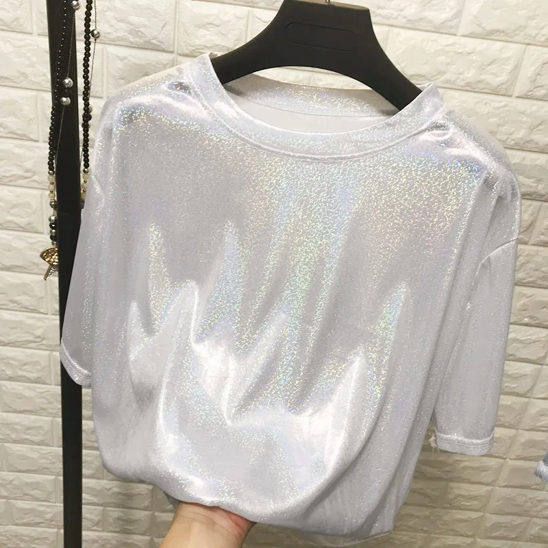 Новая популярная Мода ретро модная яркая шелковая блестящая Свободная Женская футболка Милая Футболка свободная Корейская уличная одежда женские топы AS630 - Цвет: White