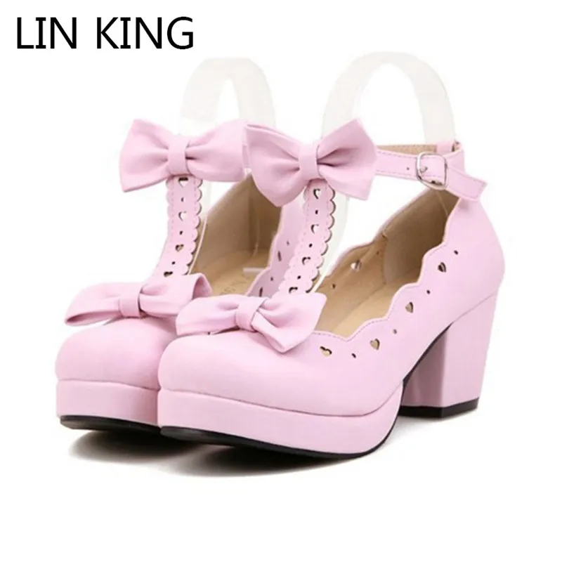 LIN KING/модные женские туфли-лодочки с t-образным ремешком; туфли на высоком квадратном каблуке с круглым носком; милые туфли принцессы для девочек; обувь для костюмированной вечеринки
