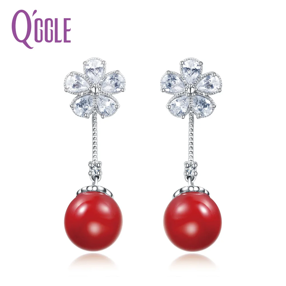 QGGLE Classic Silver Color Zircon Flower Dangle Earring For Women Red Simulated Pearl Drop Earrings Female Jewelry | Украшения и