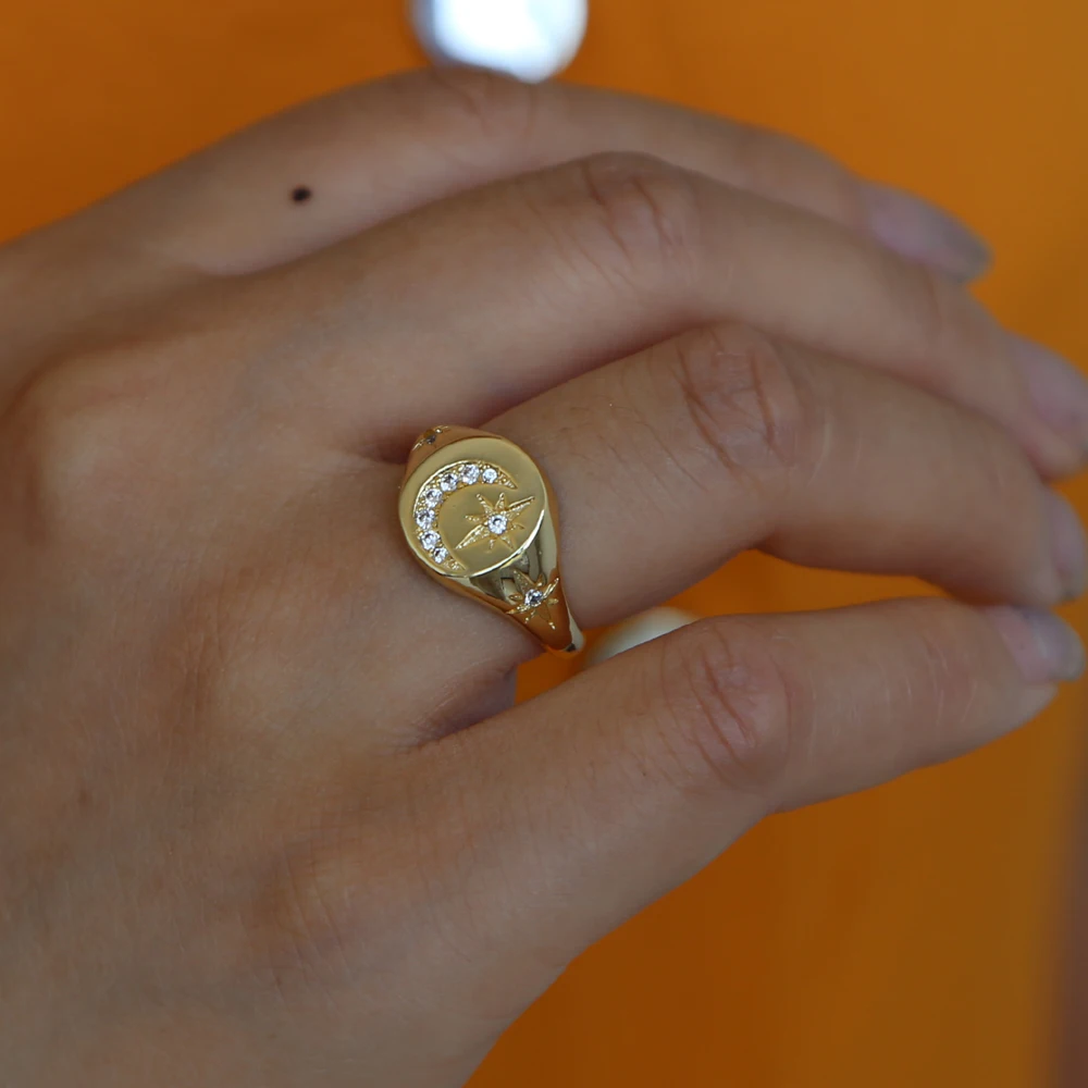 North Star CZ кольцо золотого цвета для женщин модное кольцо на полный палец кольца для девушек на свадьбу элегантное кольцо с круглой Луной и звездой перстень ювелирные изделия