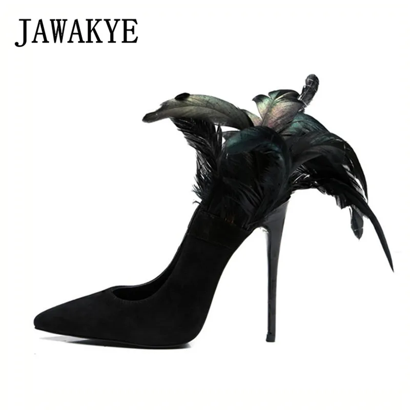 

Designer Feather decoration high heels women pumps genuine leather pointed toe stilettos sexy nightclub party shoes for women