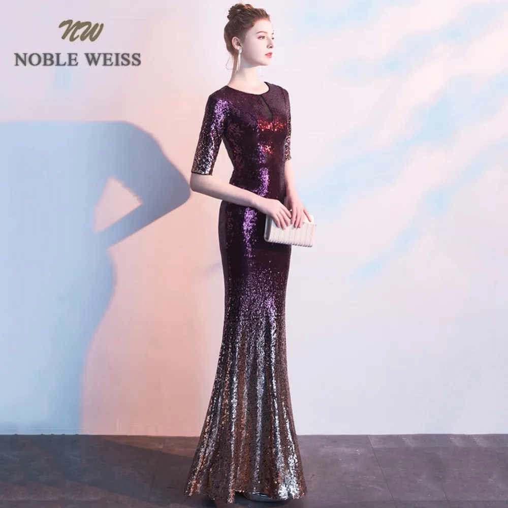 

NOBLE WEISS Real Sample O-Neck Gradation Sexy Evening Party Sequin Mermaid Prom Dress With Short Sleeves