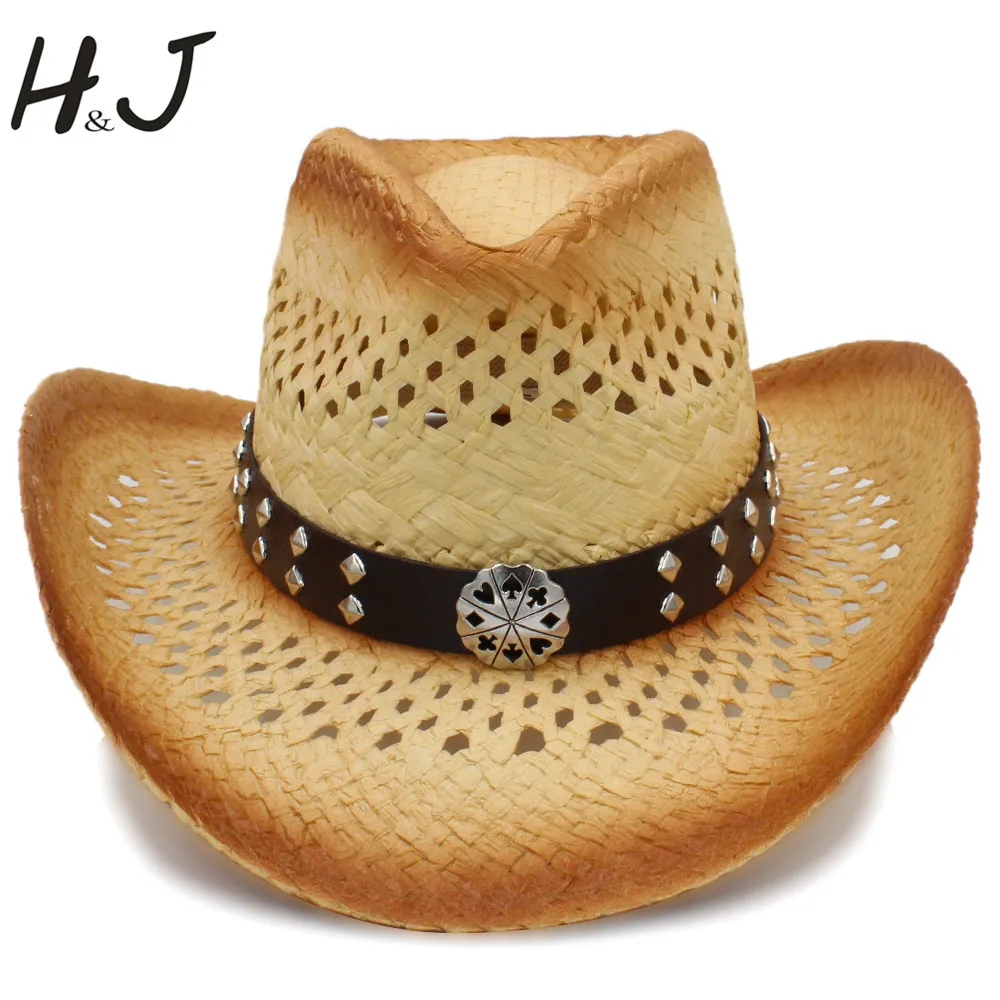 Western Cowboy Hat Handmade Weave Straw Women Men Beach Sun Sombrero