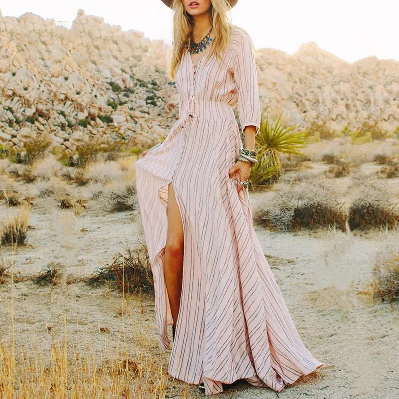 

New Summer Long Dress Women Sexy Sundress Pink Stripe Vintage Long Vestido Female Split Maxi Beach Dress XL Split Button Autumn