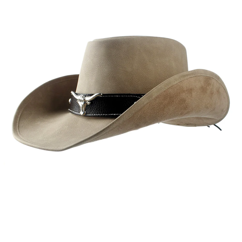 Leather Cowboy Hat Bull Head Leather Band Decor Men Women Large Brim Jazz Cap