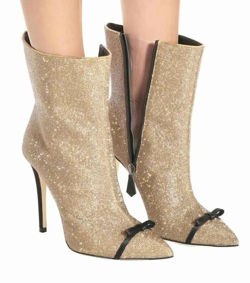 

US4-11 Womens Pointed Toe Ankle Boots Rhinestones Crystal Bling Bowtie Side Zipper Stilettos High Heel Shoes Leather Gold Sliver